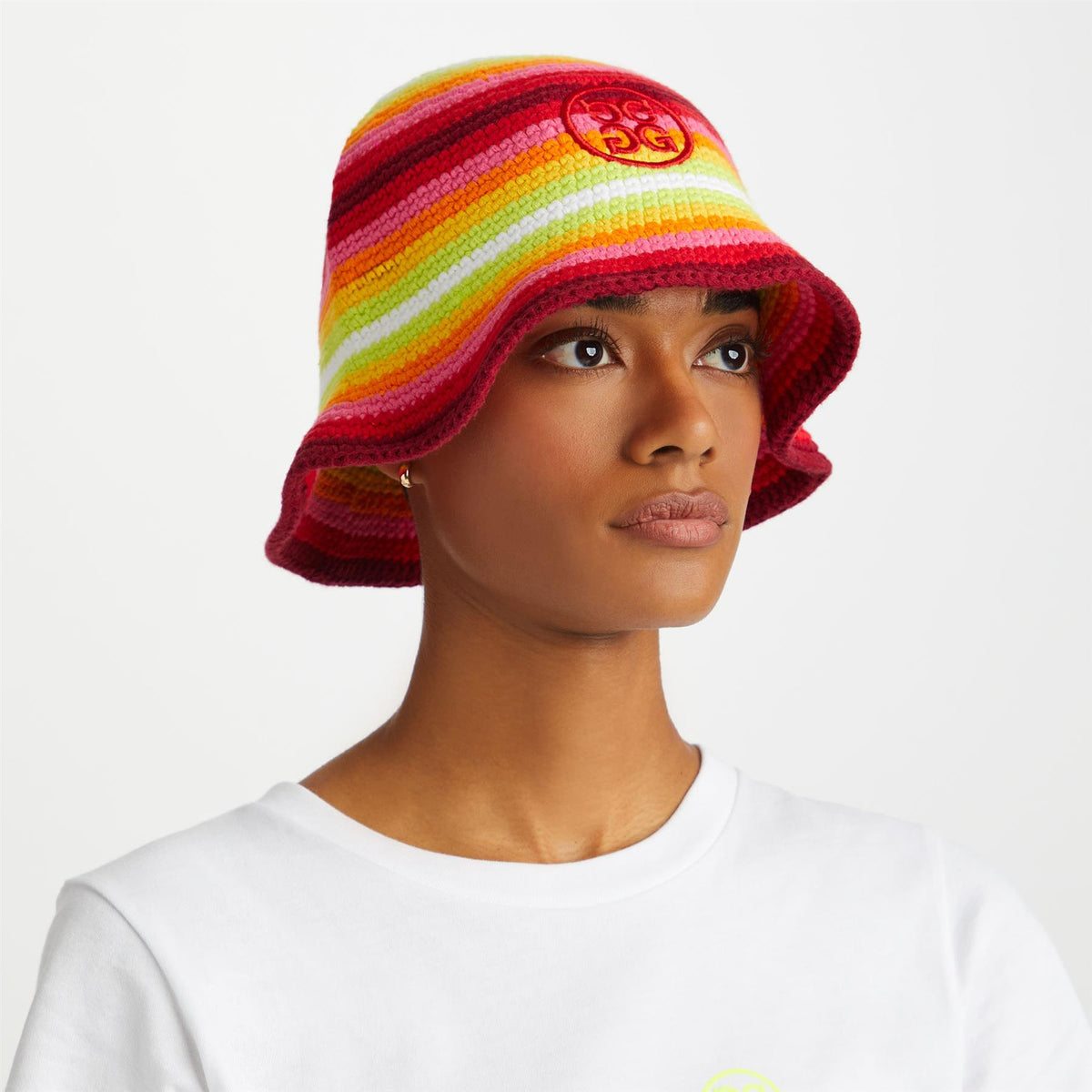 G/FORE 2023 母の日 限定 バケットハット レディース LIMITED EDITION STRIPED CROCHET MOTHER GOLFER BUCKET HAT G4AMD23H138 G/FORE Striped Circle G's Crochet Bucket Hat Lava | TRENDYGOLF.COM