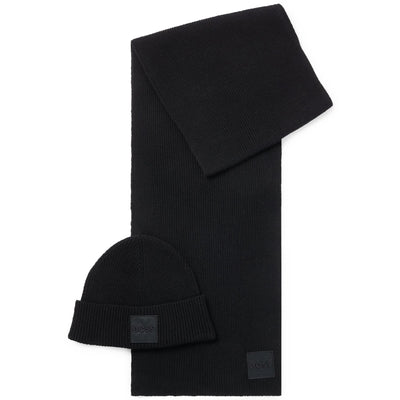 Knitted Wool Scarf & Beanie Hat Set Black - W23