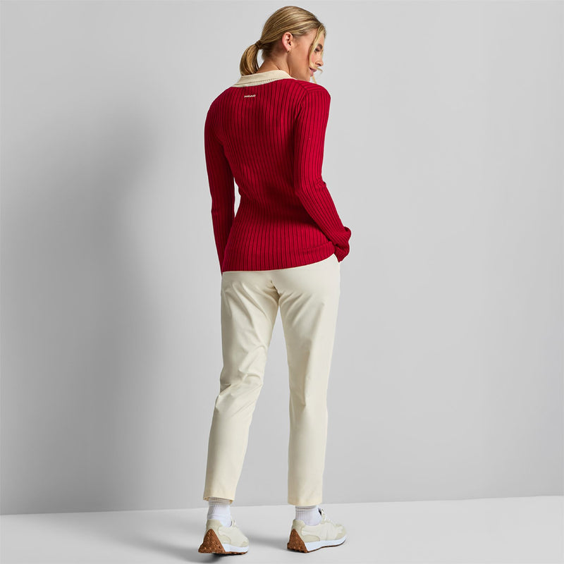 Pointelle Rib Long Sleebe Knit Polo Red