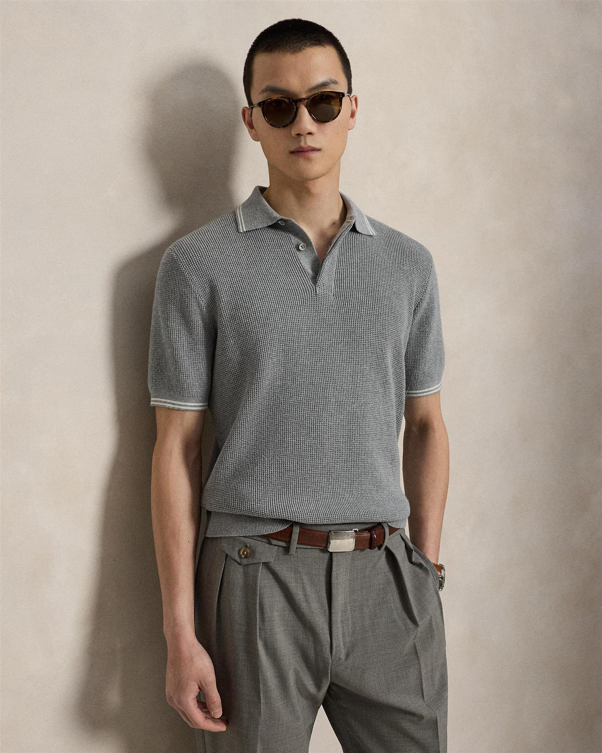 Waffle Knit Cotton Polo Sweater Spring Hthr/Stone Pebble