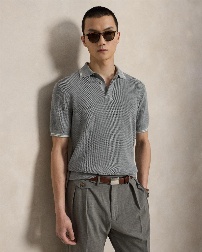 Waffle Knit Cotton Polo Sweater Spring Hthr/Stone Pebble
