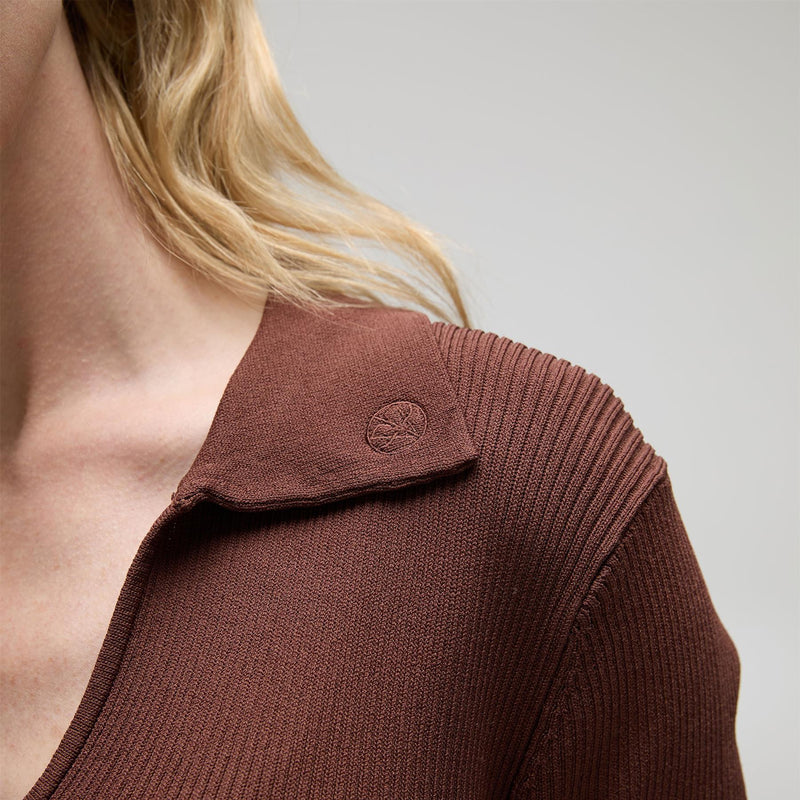 Samantha LS Ribbed Knit V-Neck Polo Brown