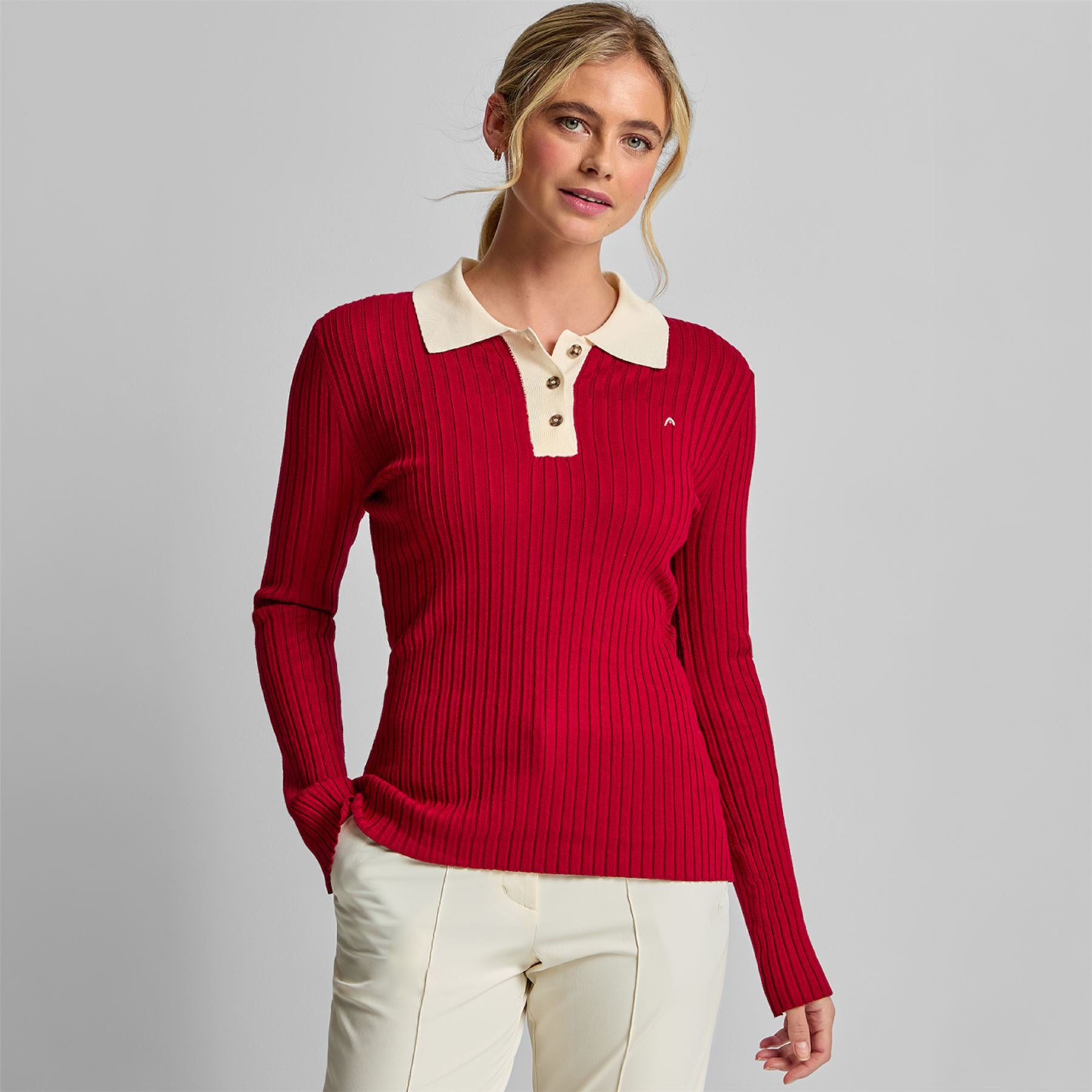 Pointelle Rib Long Sleebe Knit Polo Red