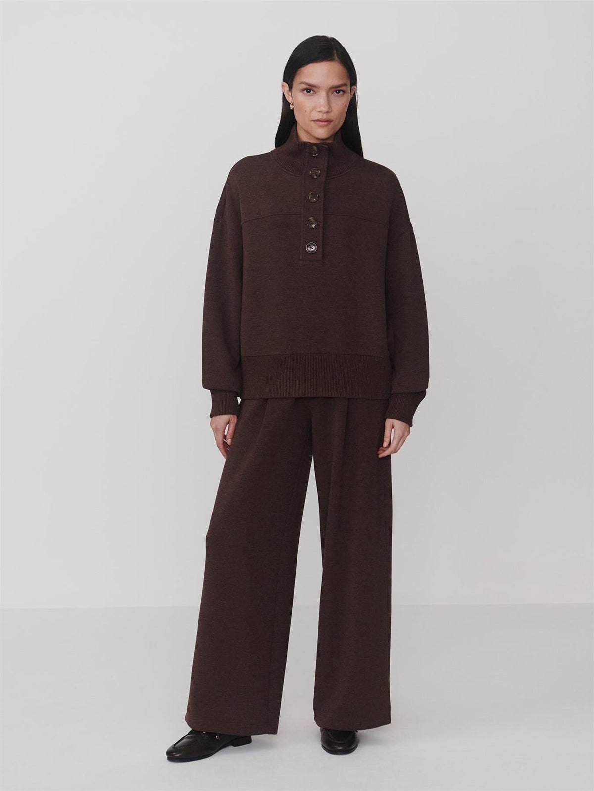 Bronya Button Placket Sweat Coffee Bean Marl