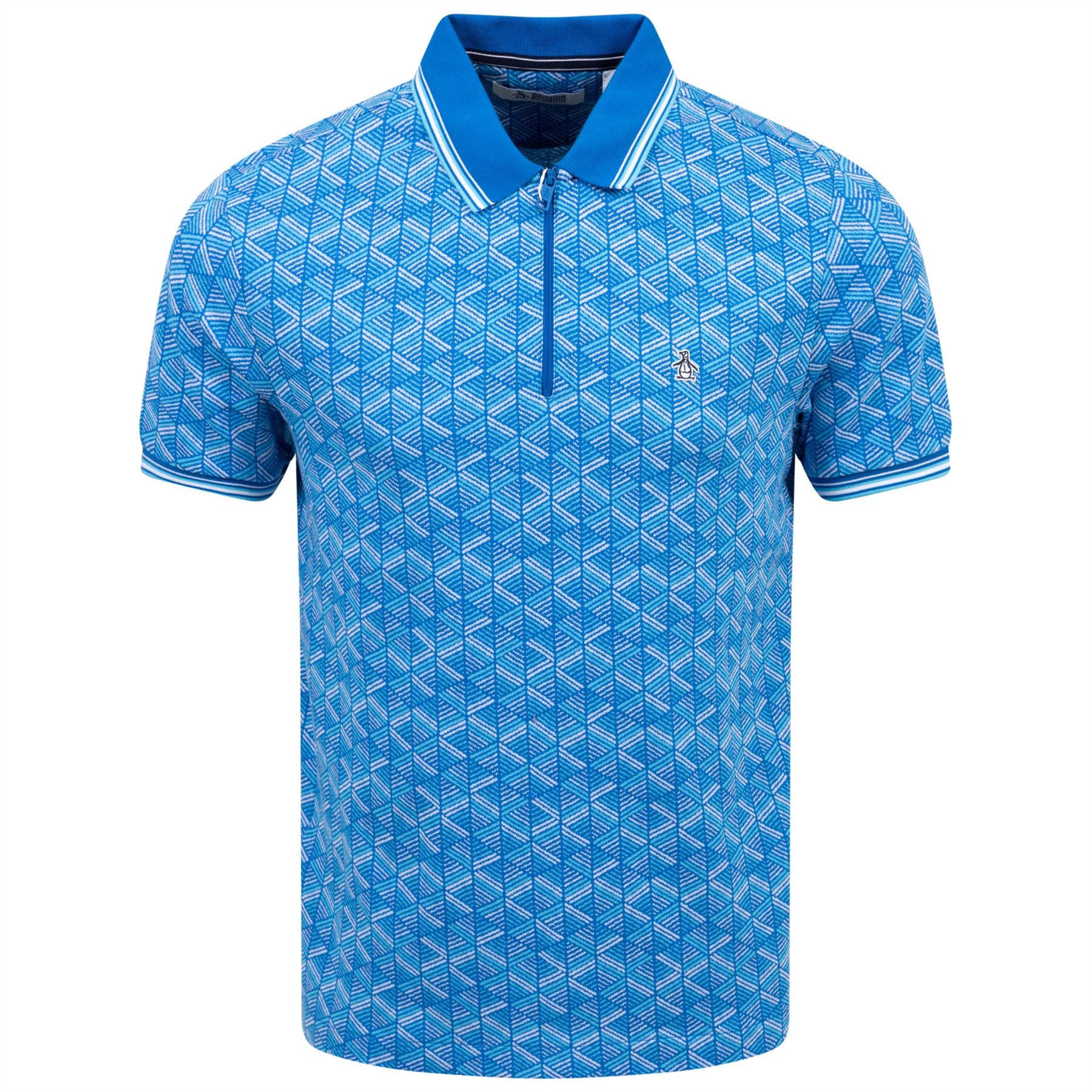 Geometric Jacquard Quarter Zip Cotton Polo Skydiver Blue