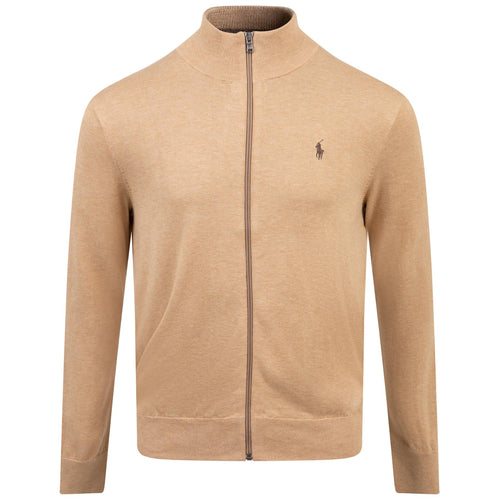 Polo Golf Full Zip Cotton Pique Standard Fit Mid Layer Camel Brown - SS24