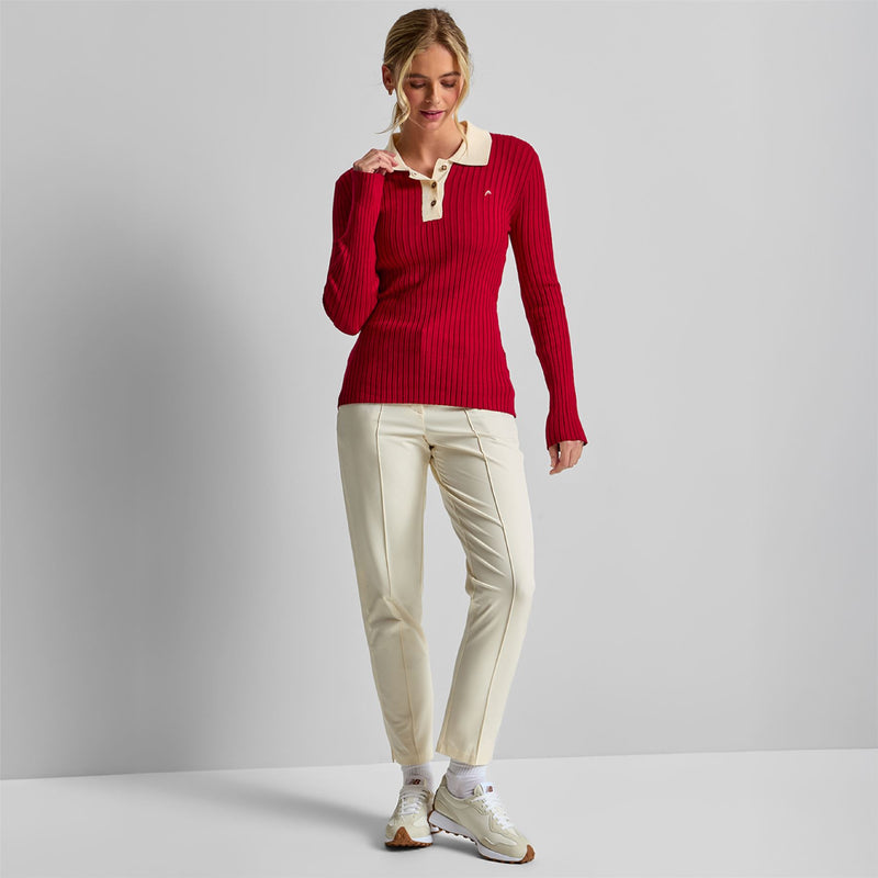 Pointelle Rib Long Sleebe Knit Polo Red