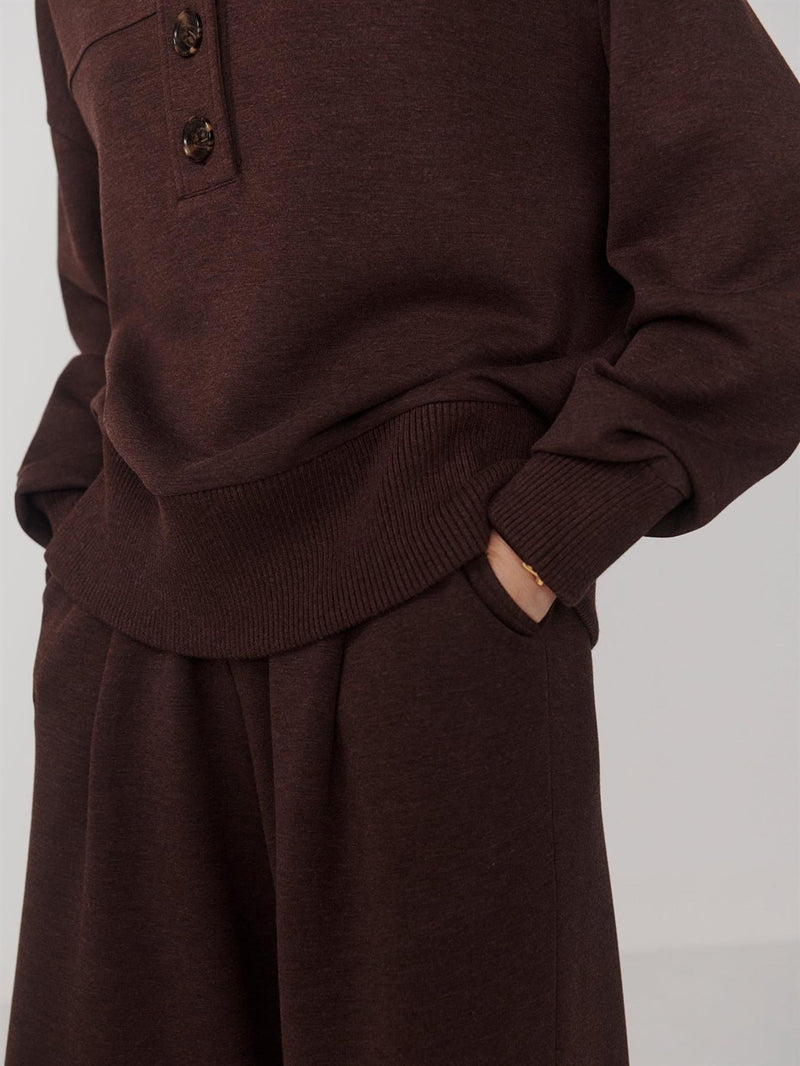 Bronya Button Placket Sweat Coffee Bean Marl