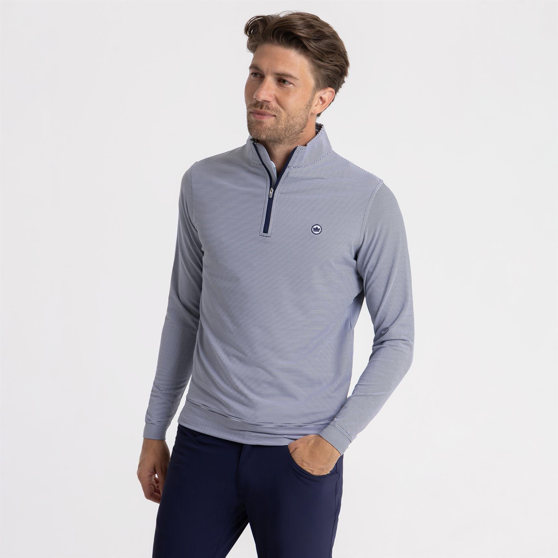 Perth Mini Stripe Quarter Zip Mid Layer Navy/White