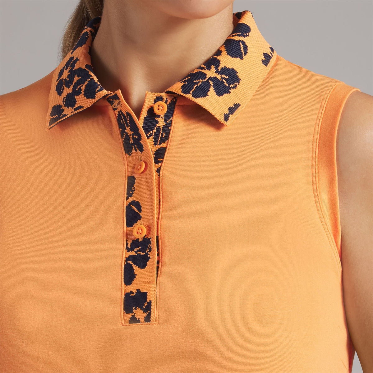 Modalon Floral Rib Sleeveless Polo Shirt Warm Melon Glow/Deep Navy