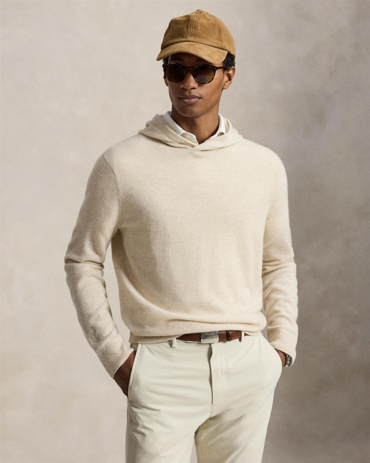 Washable Cashmere Hooded Sweater Ecru Tan Heather