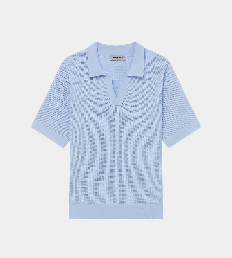 Pointelle Knit V-Neck Polo Dusty Blue