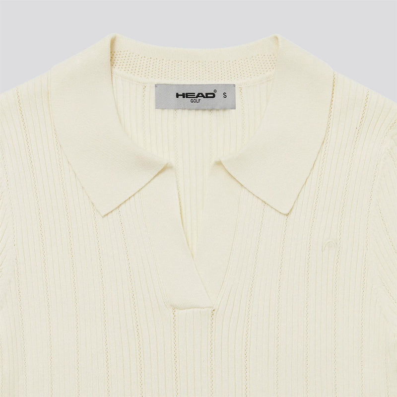 V Neck Pointelle Knit Polo Cream