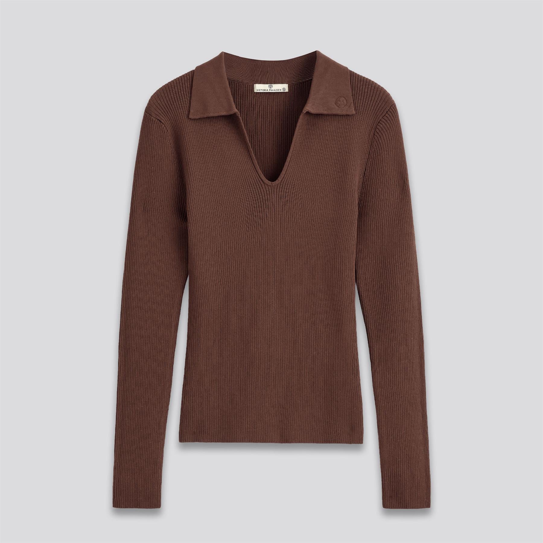 Samantha LS Ribbed Knit V-Neck Polo Brown