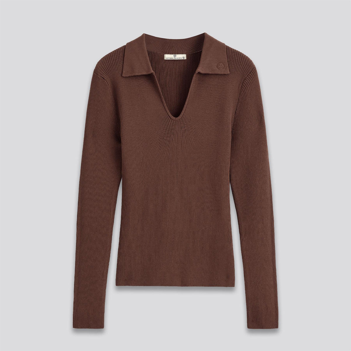 Samantha LS Ribbed Knit V-Neck Polo Brown