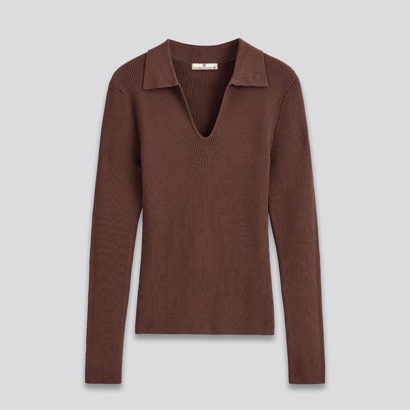 Samantha LS Ribbed Knit V-Neck Polo Brown