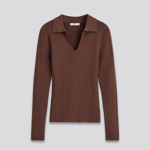 Samantha LS Ribbed Knit V-Neck Polo Brown