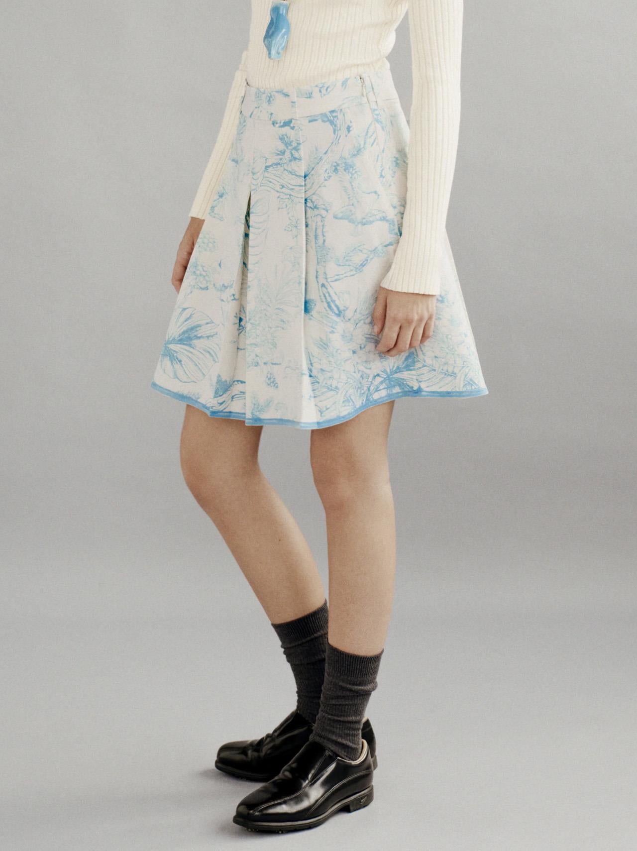 Bound Box Pleat Skirt Blue Botanical
