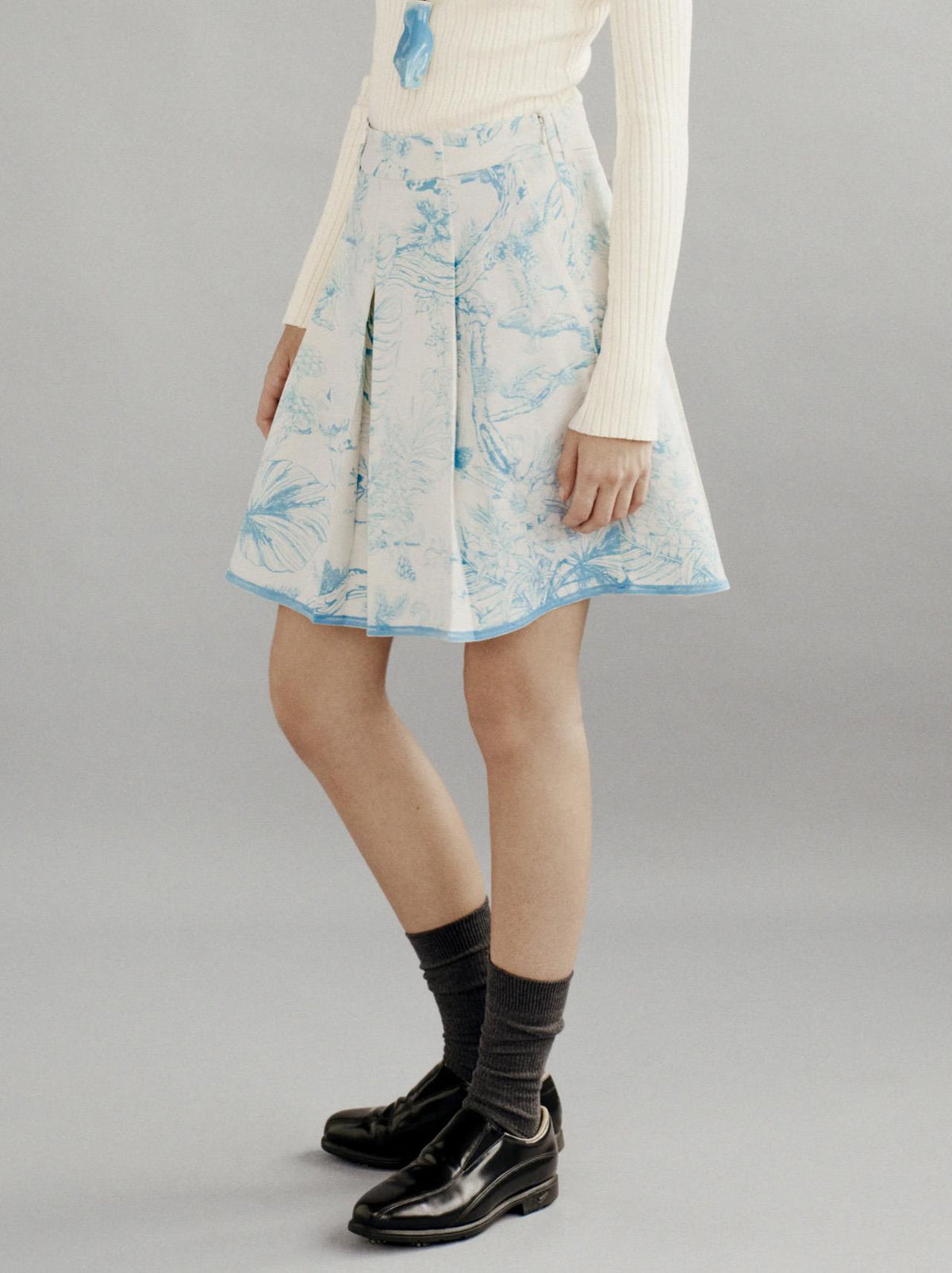 Bound Box Pleat Skirt Blue Botanical