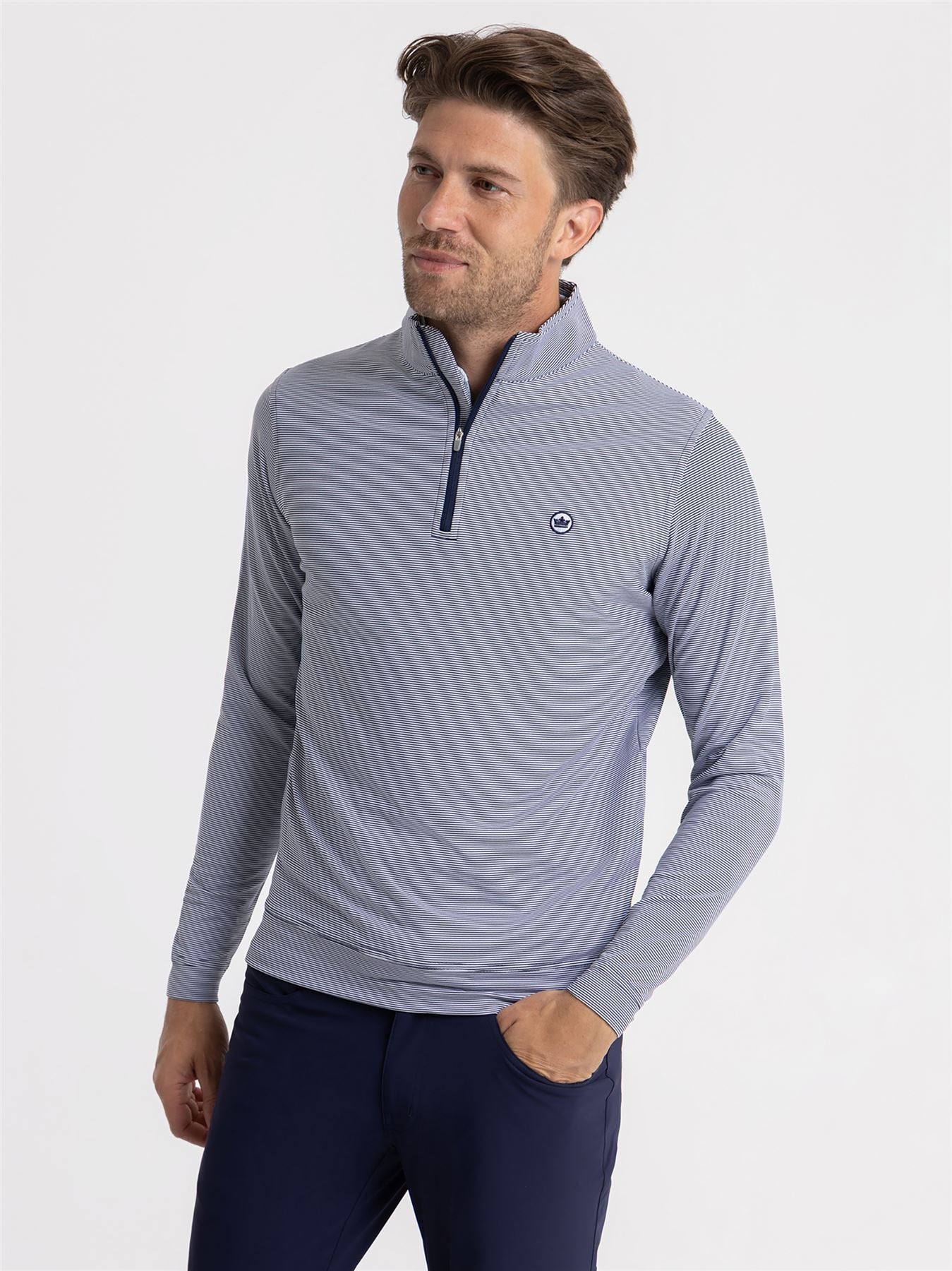 Perth Mini Stripe Quarter Zip Mid Layer Navy/White