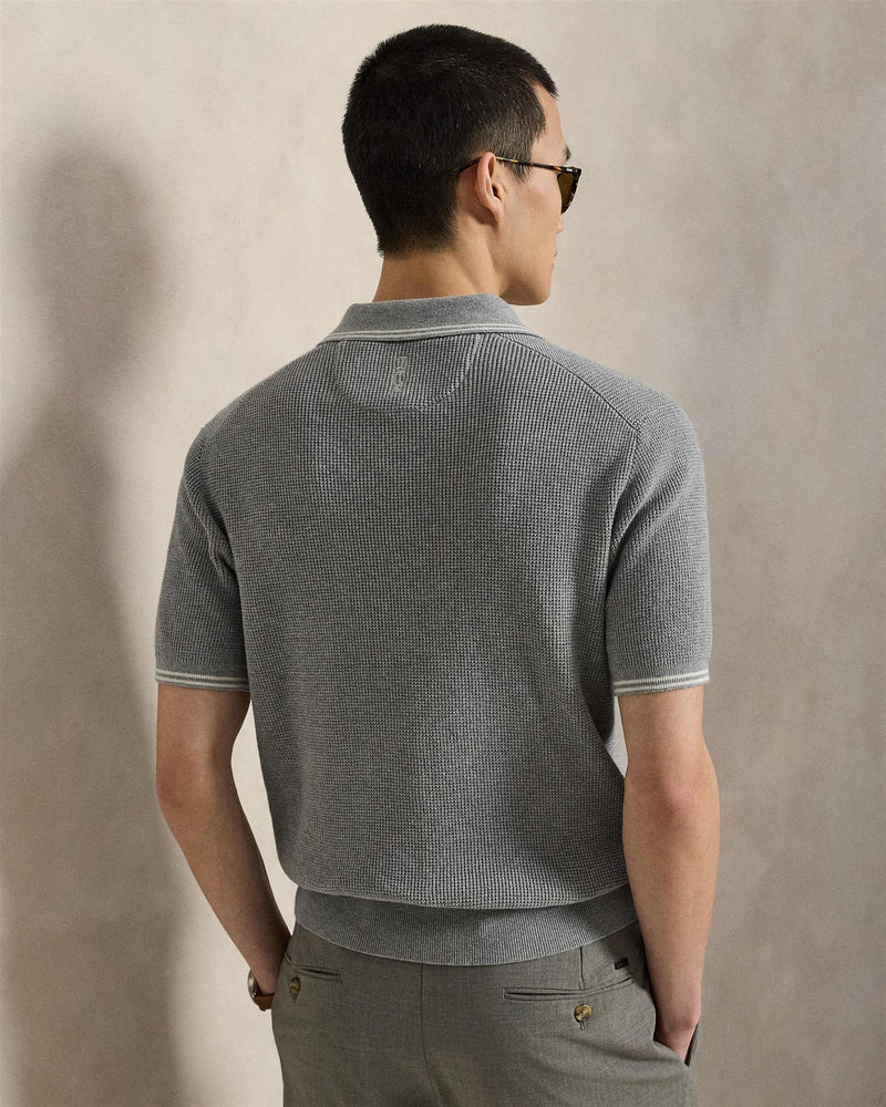 Waffle Knit Cotton Polo Sweater Spring Hthr/Stone Pebble