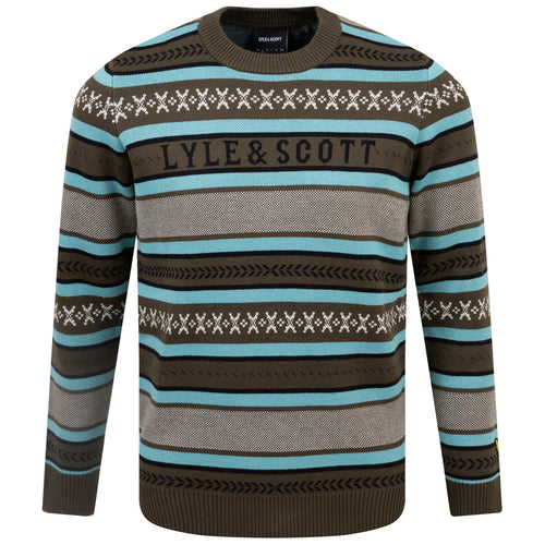 Glen Fair Isle Cotton Knit Crew Neck Jumper Olive