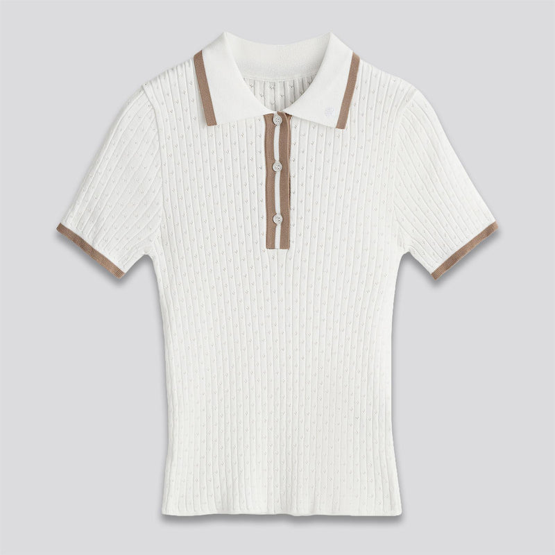 Jamie Pointelle Knit SS Button Down Polo White