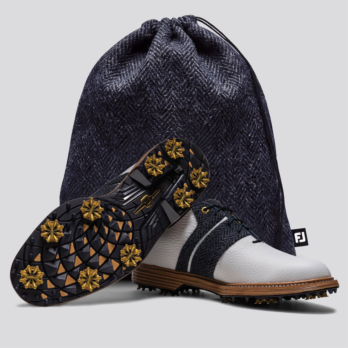 FootJoy Premiere Series Packard golf shoes - pair view, Harris Tweed White/Navy