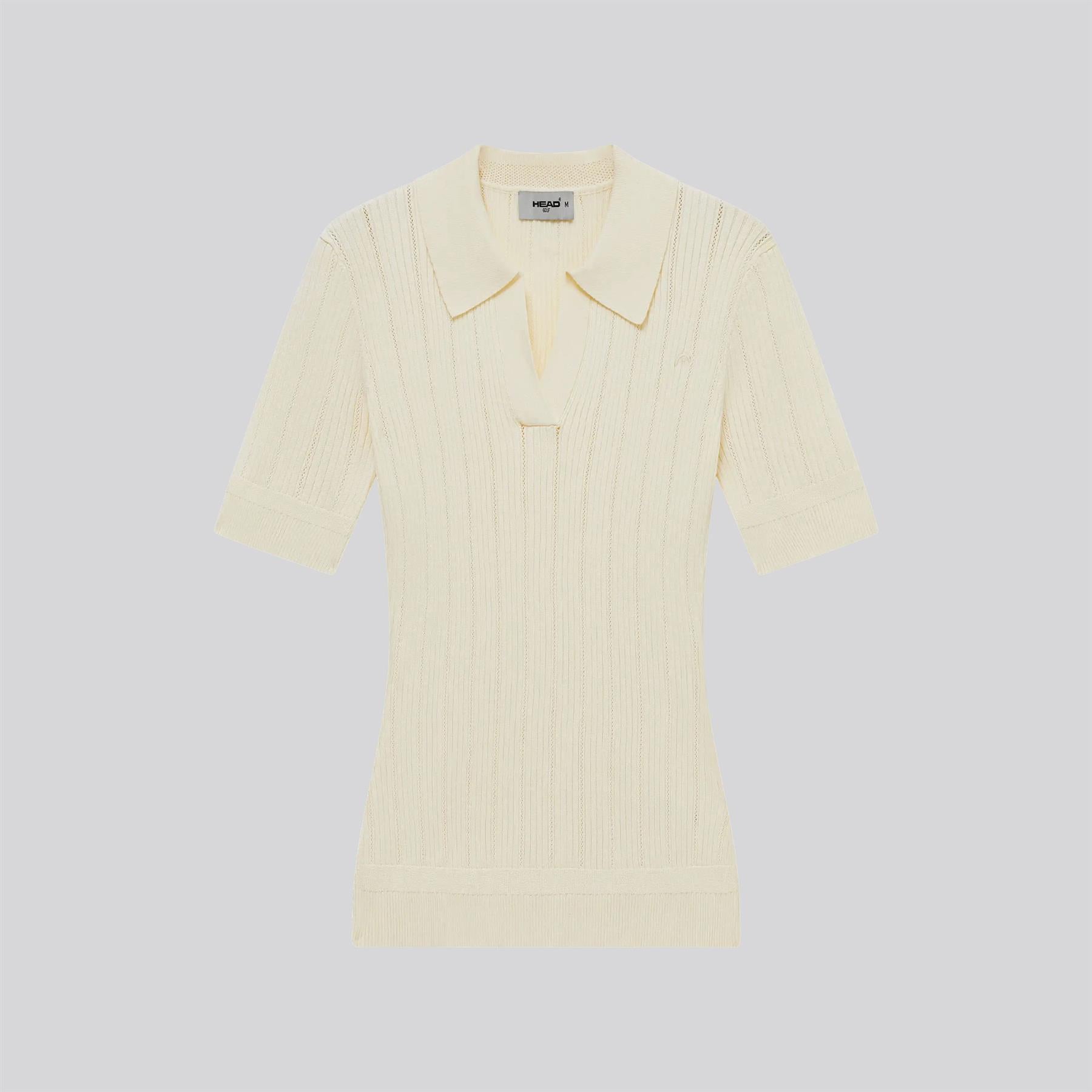 V Neck Pointelle Knit Polo Cream