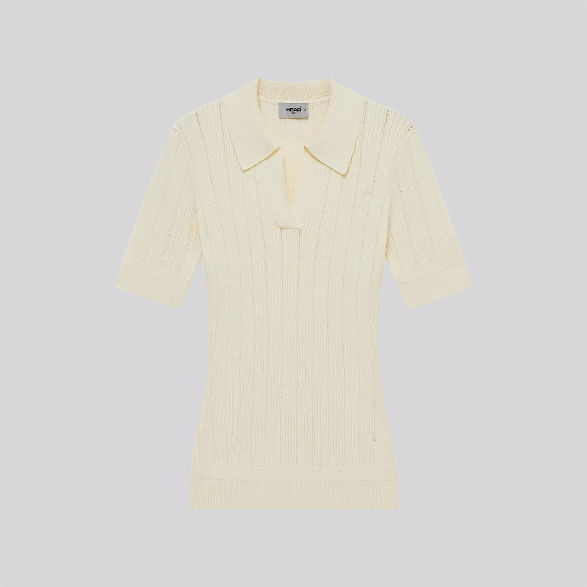 V Neck Pointelle Knit Polo Cream