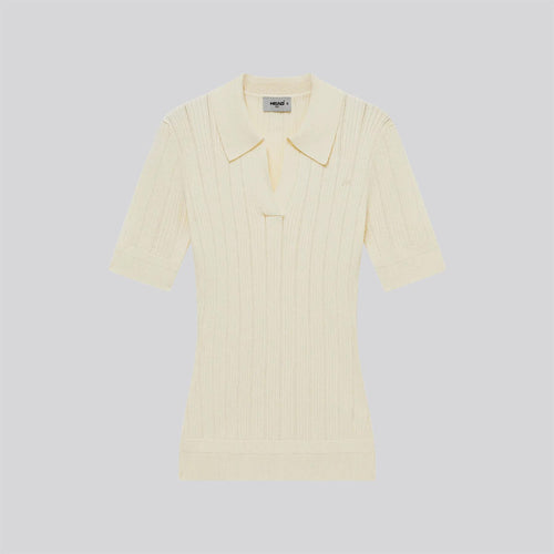 V Neck Pointelle Knit Polo Cream