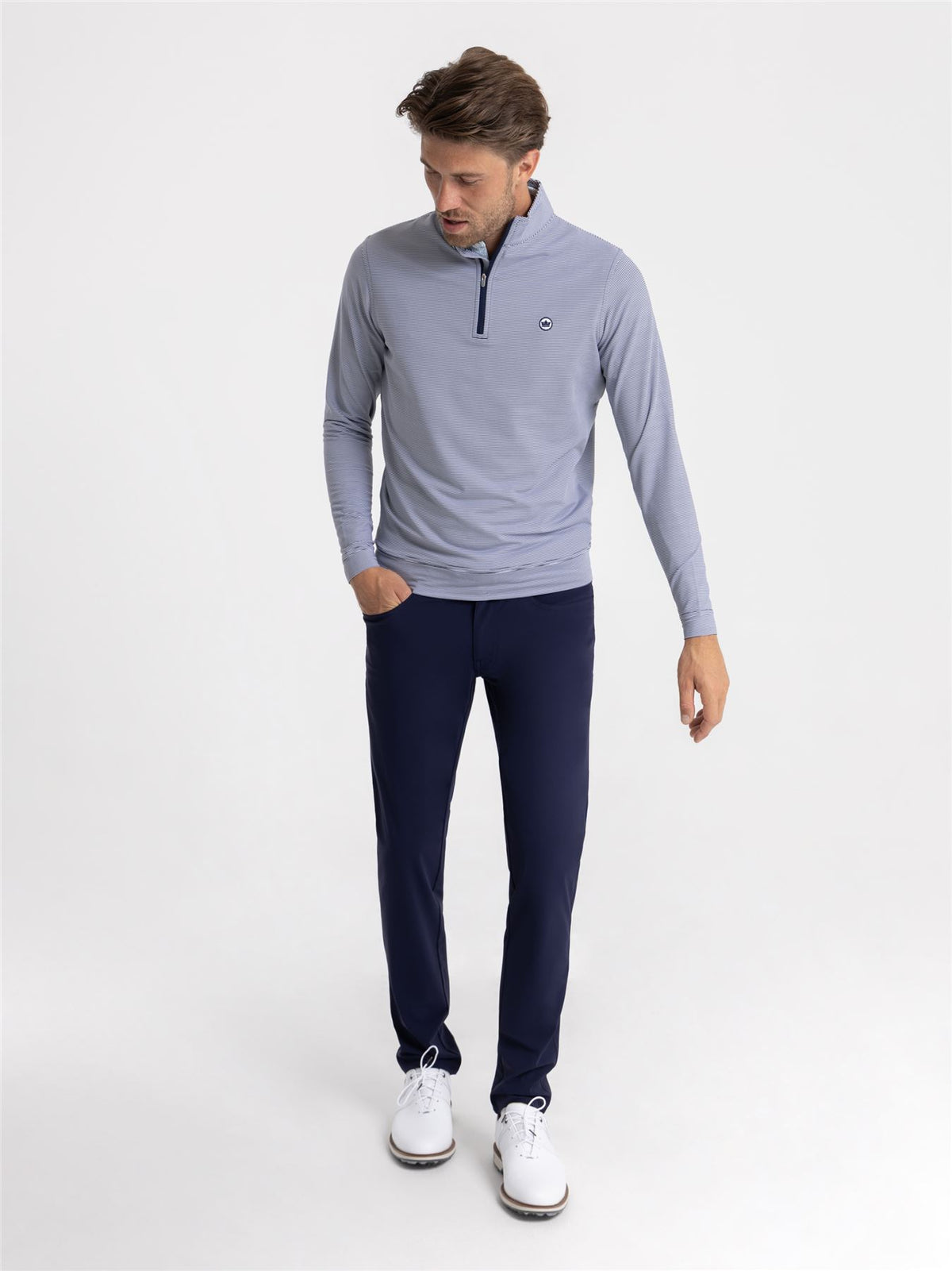 Perth Mini Stripe Quarter Zip Mid Layer Navy/White