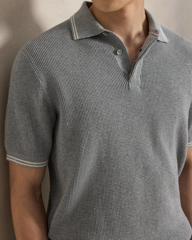 Waffle Knit Cotton Polo Sweater Spring Hthr/Stone Pebble