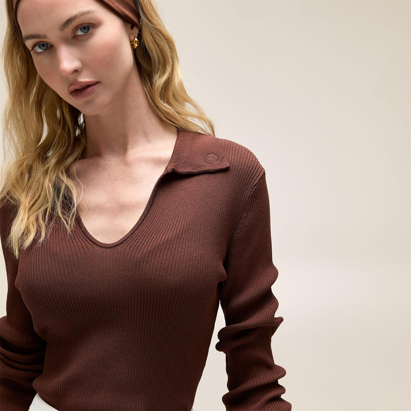 Samantha LS Ribbed Knit V-Neck Polo Brown