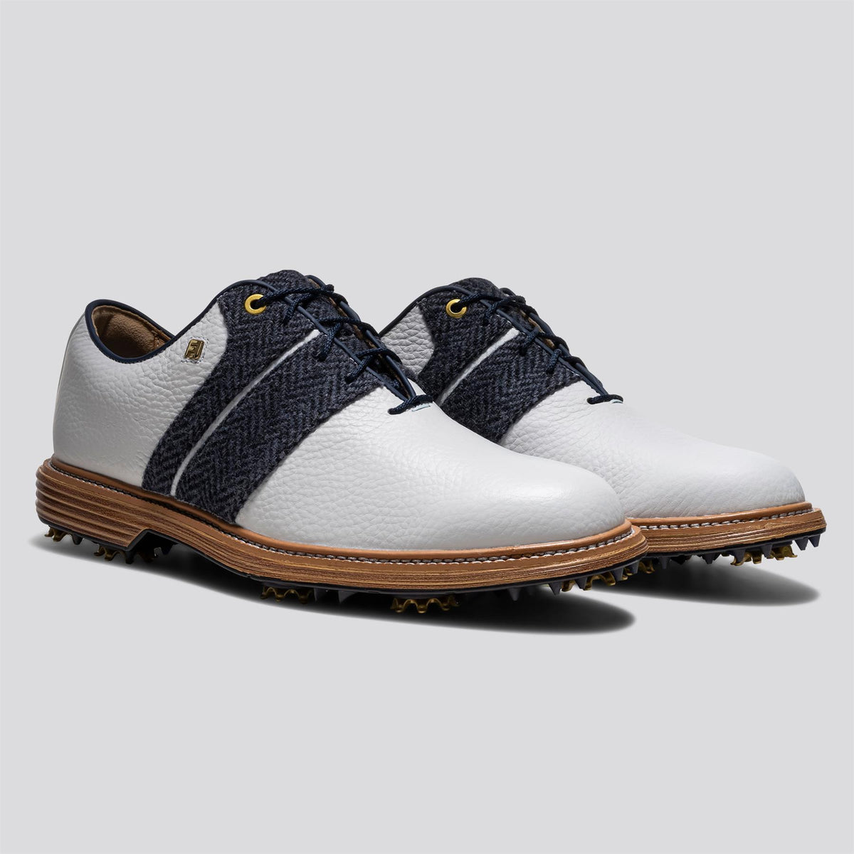 FootJoy Premiere Series Packard golf shoe - heel view in White/Navy