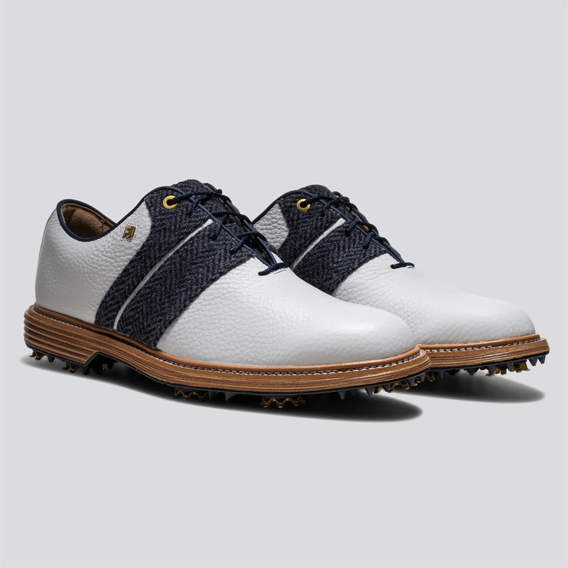 FootJoy Premiere Series Packard golf shoe - heel view in White/Navy