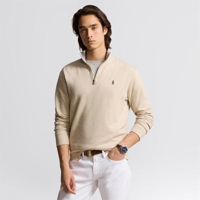 Polo Golf Quarter Zip Cotton Jersey Mid Layer Expedition Dune Heather
