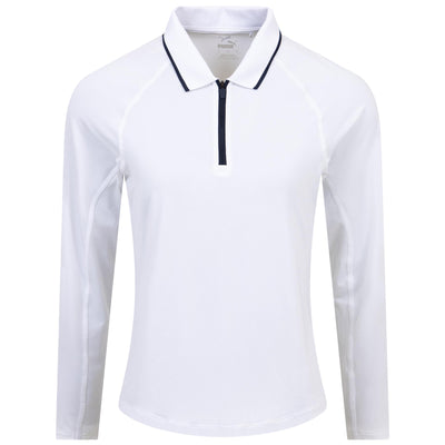 Damen You-V Langarm-Poloshirt mit Viertelreißverschluss Weiß – SS24