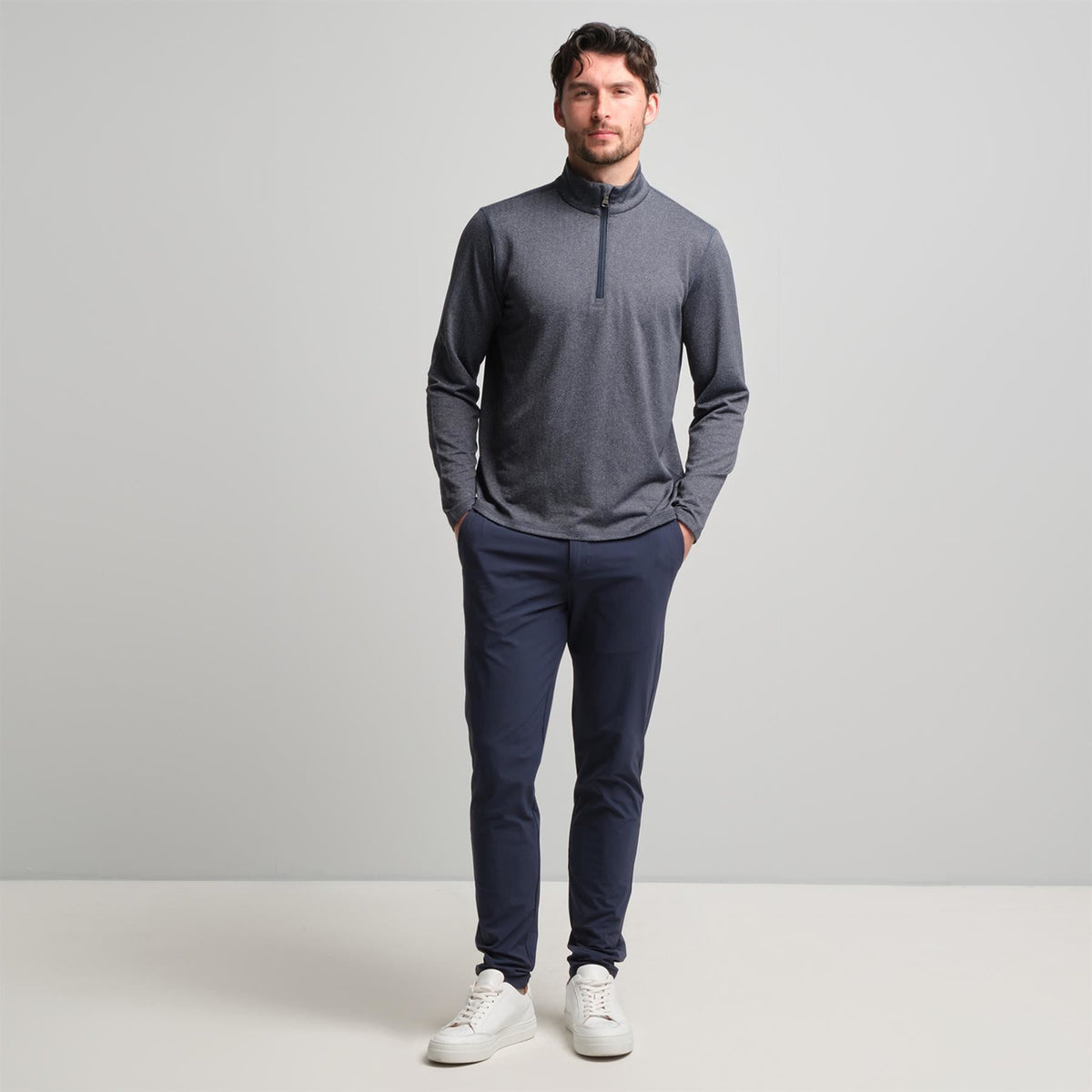 Palmer Performance Quarter Zip Navy Herringbone