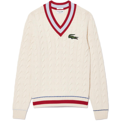 Sweatshirt aus Wollmischung mit Zopfmuster und V-Ausschnitt, Weiß/Bordeaux – SS24